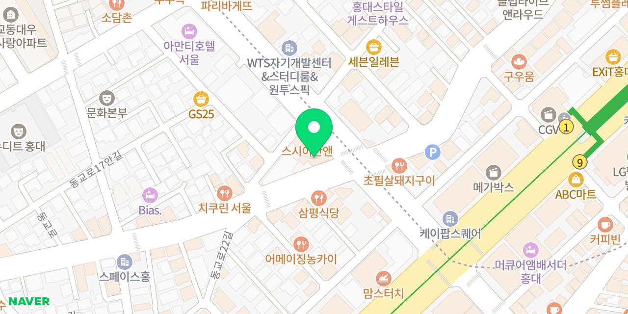 Map showing where Tuseom Peulleiseu Hongdae Seogyo-jeom is