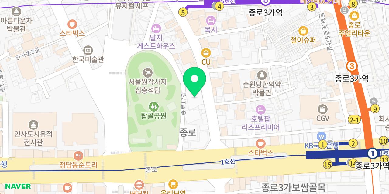 Map showing where Tapgol Gongwon Jongno 3-ga-jeom is